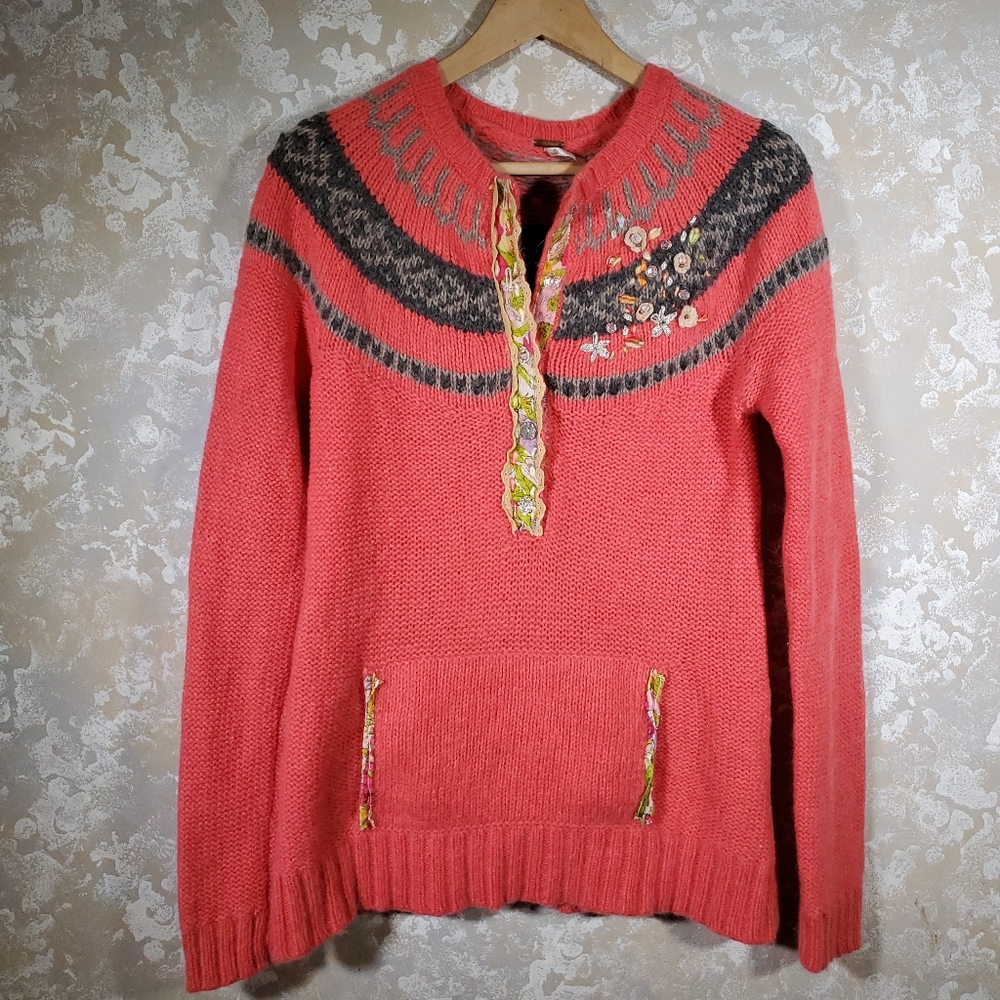 Free People Fair Isle Embroidery pink sweater XS